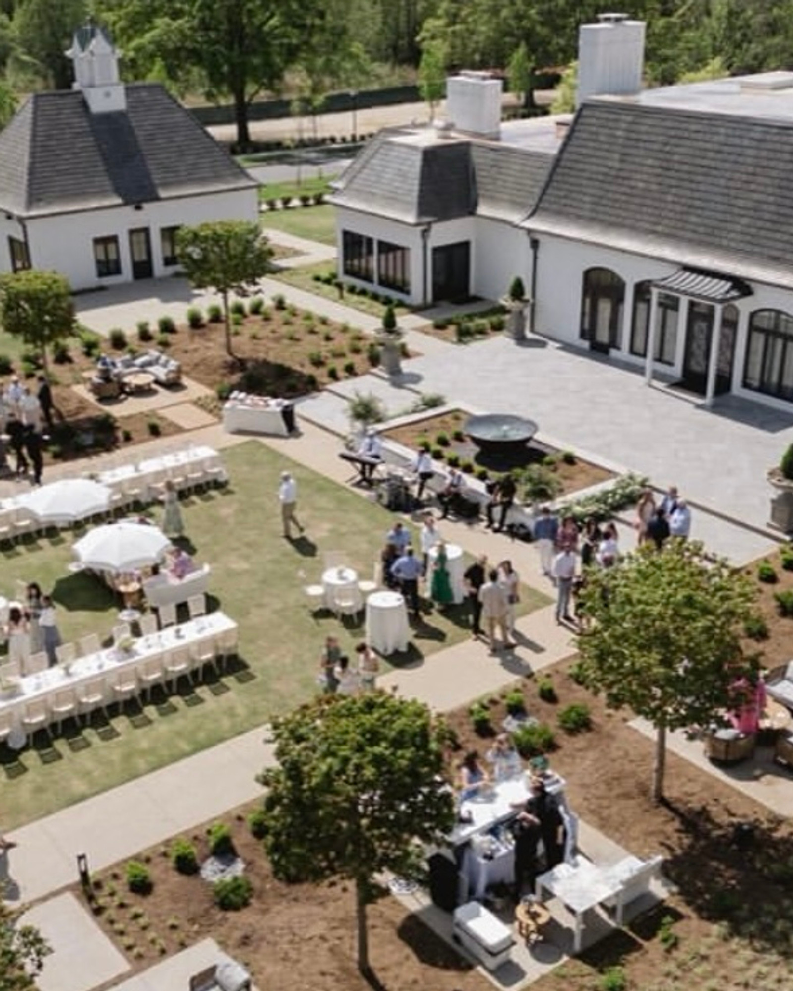 Aerial view of an estate wedding celebration